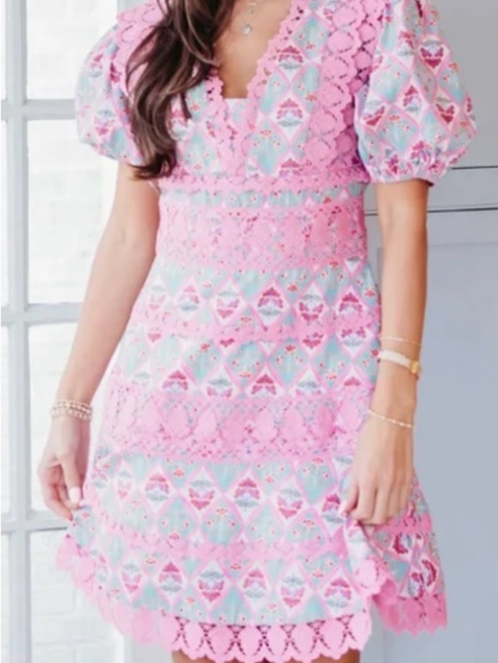 Karlie Pink and Light Blue Lace Puff Sleeve Mini Dress
